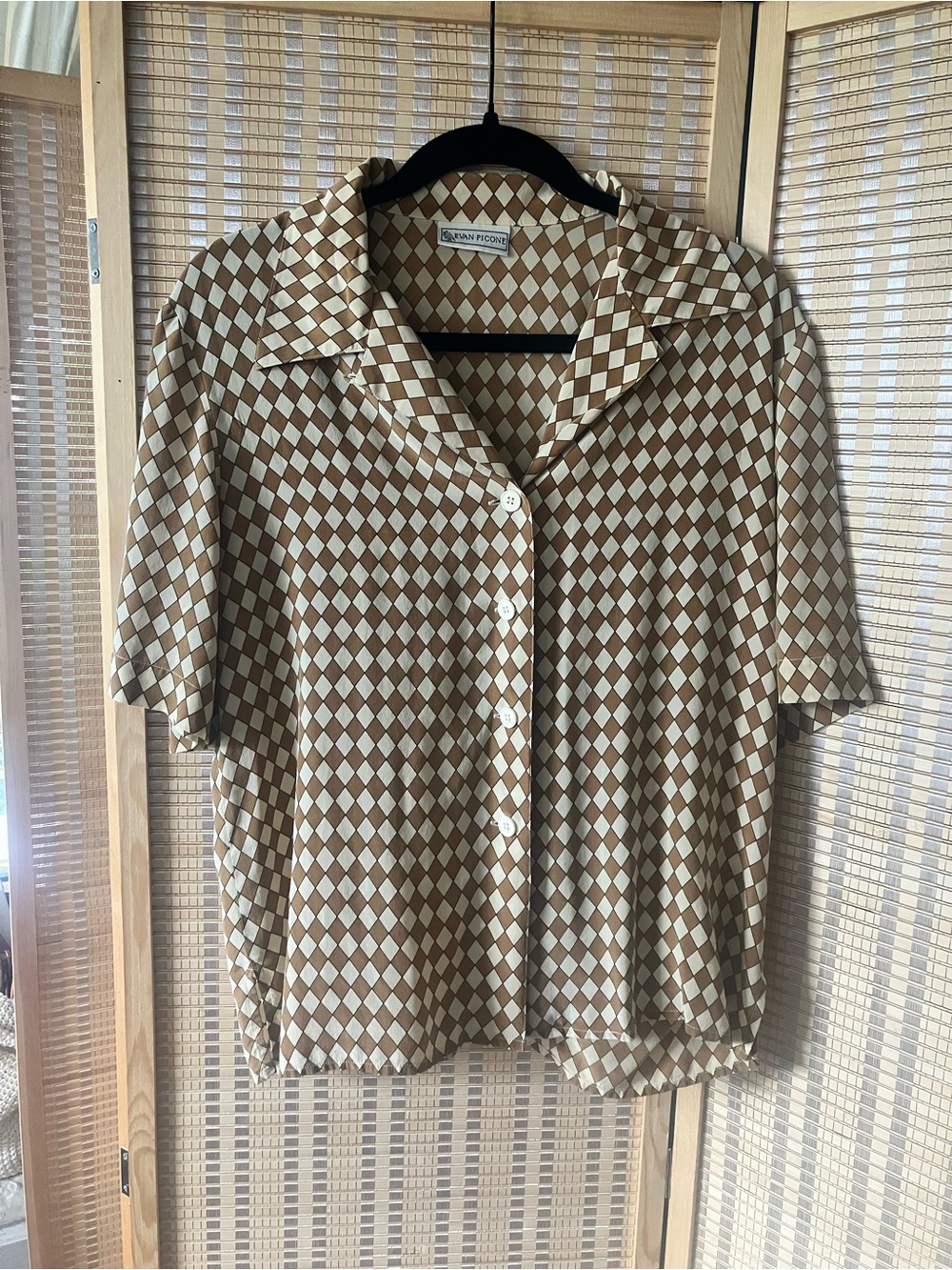 Evan Picone Brown and Cream Diamond Print Short Sleeve Button-Up
